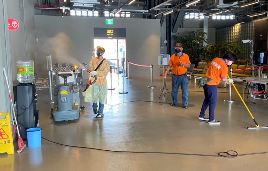 Image 1. Electrostatic sprayers regularly disinfect public areas of the Port of Keelung West Passenger Terminal with chlorine dioxide.