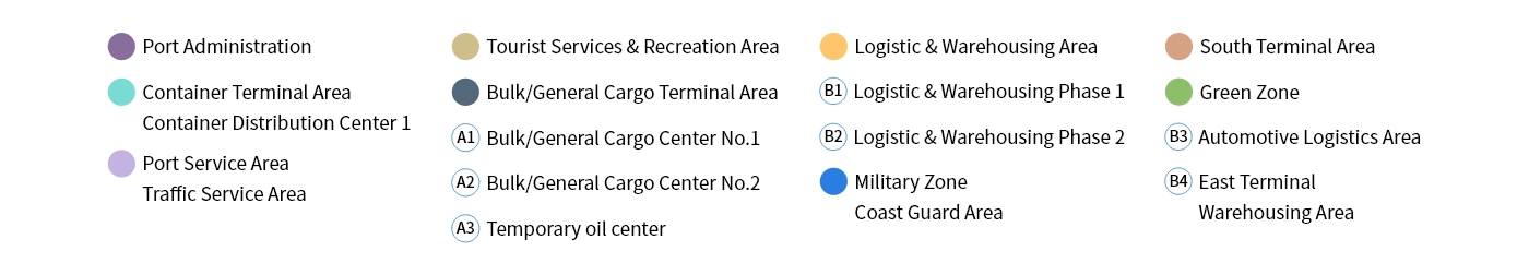 Port Administration、Container Terminal Area、Container Distribution Center 1、Port Service Area Traffic Service Area、Tourist Services & Recreation Area、Bulk/General Cargo Terminal Area、 A1 Bulk/General Cargo Center No.1、 A2 Bulk/General Cargo Center No.2、A3 Temporary oil center、Logistic & Warehousing Area、B1 Logistic & Warehousing Phase 1 、B2 Logistic & Warehousing Phase 2 、Military Zone Coast Guard Area、South Terminal Area、Green Zone、B3 Automotive Logistics Area 、(B4) East Terminal Warehousing Area