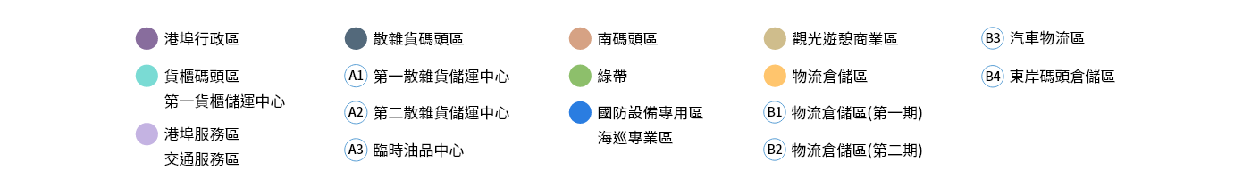 港埠行政區、貨櫃碼頭區、散雜貨碼頭區、南碼頭區、觀光遊憩商業、(B3)汽車物流區、(A1)第一散雜貨儲運中心、綠帶、物流倉儲區、(B4)東岸碼頭倉儲區、第一貨櫃儲運中心、港埠服務區、(A2) 第二散雜貨儲運中心、(A3)臨時油品中心、國防設備專用區 海控專業區、(B1) 物流倉儲區(第一期)、(B2) 物流倉儲區(第二期)、交通服務區