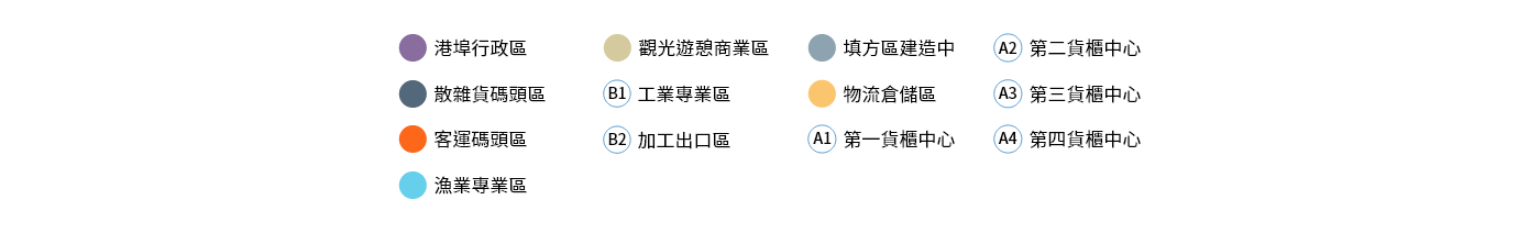 港埠行政區、散雜貨碼頭區、觀光遊憩商業區、填方區建造中、(A2) 第二貨櫃中心、(B1)工業專業區、物流倉儲區、(A3)第三貨櫃中心、客運碼頭區、漁樂專樂區、(B2)加工出口區、(A1)第一资中心、(A4) 第四貨櫃中心