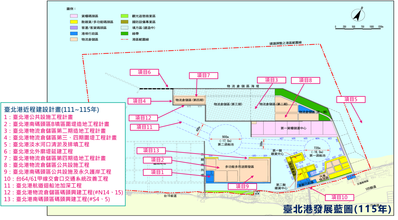 臺北港水陸域面積為 3,091 公頃，港區土地以填海造地方式取得，於 1997 年開始營運。秉持永續發展精神，港區建設採環保、綠能設施，並積極實踐綠色港口為永續目標。