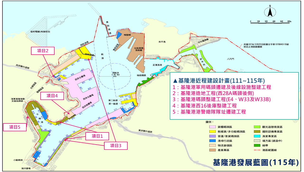 基隆港 111~115 年執行以下計畫:1.基隆港軍用碼頭遷建及後線設施整建 2.基隆港造地工程(西 28A 碼頭後側)3.基隆港碼頭整建(東 4、西 33&33B) 4.基隆港西 16後庫整建 5.基隆港港警總隊隊址遷建工程。